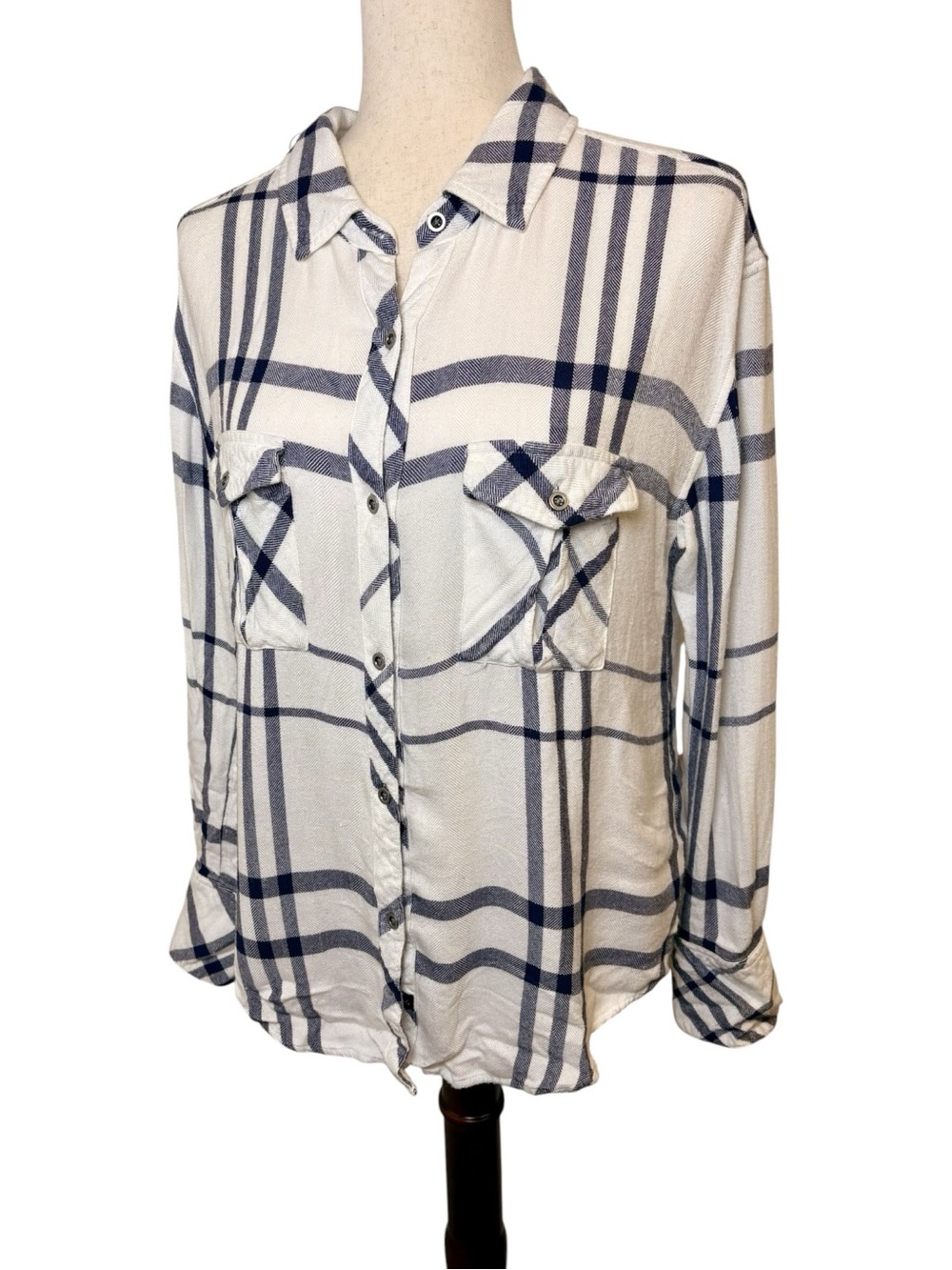 Rails White Navy Plaid Button Down Shirt Soft Flannel Coastal Small